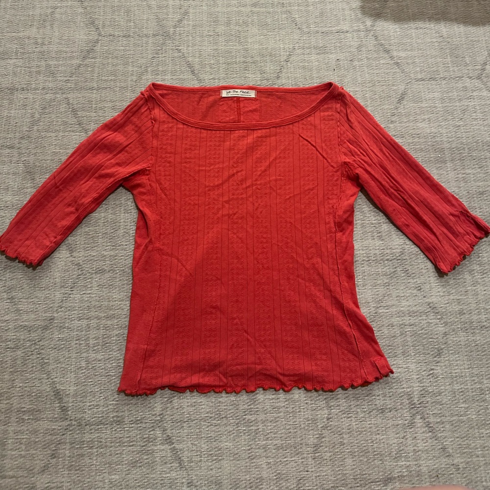 Free People Red Textured 3/4 Sleeve Top WORN ONCE